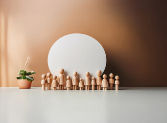 Leinwandbilder - Grainy texture.  A group of small, light-wooden figurines stands before a large, blank, white circle against a muted brown background. A small potted plant sits to the side.