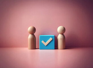 Aufkleber - Two wooden figures stand flanking a blue cube displaying a checkmark.  The grainy texture of the image adds to its minimalist aesthetic.