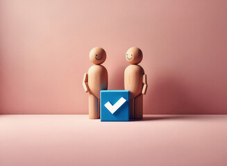 Leinwandbilder - Two wooden figurines with painted smiles stand beside a blue checkmark cube on a grainy, textured pink background.  The image conveys a sense of agreement or completion.