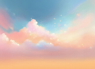 Poster - Pastel-colored sky, grainy texture, soft clouds, dreamy landscape, warm sunset hues.