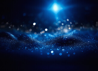 Poster - Dark blue, grainy textured landscape with sparkling lights.  A bright light source illuminates the undulating surface, creating a sense of depth and mystery.