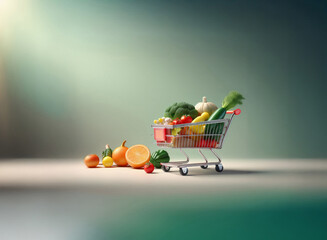 Poster - A miniature shopping cart overflowing with vibrant fruits and vegetables sits on a grainy, textured surface.  The scene is softly lit, creating a calm and healthy atmosphere.