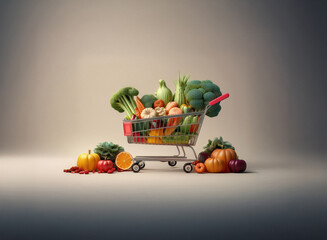 Poster - A miniature shopping cart overflows with vibrant fruits and vegetables.  The grainy texture of the image adds a rustic feel.