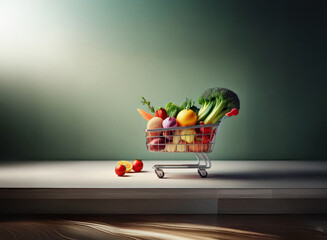 Poster - A miniature shopping cart overflowing with fresh vegetables sits on a wooden surface. The grainy texture of the image adds a rustic charm.  The scene is subtly lit, creating a warm and inviting atmosp
