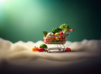 Poster - A miniature shopping cart overflowing with vibrant vegetables sits on a grainy, textured surface against a soft green backdrop. The scene is softly lit, creating a dreamy, almost surreal feel.