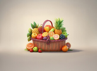 Aufkleber - A brimming wicker basket overflows with a vibrant array of fresh fruits. The grainy texture of the image adds a unique artistic touch.