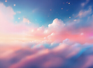 Poster - A dreamy, grainy textured sky at sunset. Soft pastel pinks, blues, and oranges blend seamlessly, creating a tranquil and ethereal atmosphere.  Sparkling particles add to the magical feel.