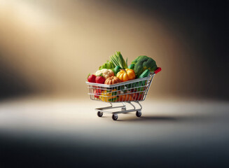 Poster - A miniature shopping cart overflowing with fresh vegetables sits on a light gray surface. The grainy texture of the image adds to the rustic feel.  A soft light highlights the colorful produce.