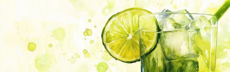 Poster - Refreshing close-up of a glass of citrus drink with ice and lime slice surrounded by a vibrant watercolor background