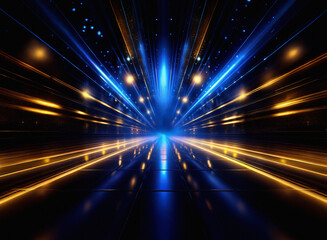 Fototapete - Grainy texture, vibrant blue and gold light streaks converge in a dark, symmetrical, futuristic tunnel.  The reflective surface creates a mirrored effect, enhancing the speed and energy.