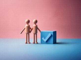 Poster - Grainy texture image of two wooden figures holding hands, standing beside a blue cube with a checkmark.  Symbolic of unity, agreement, or partnership.