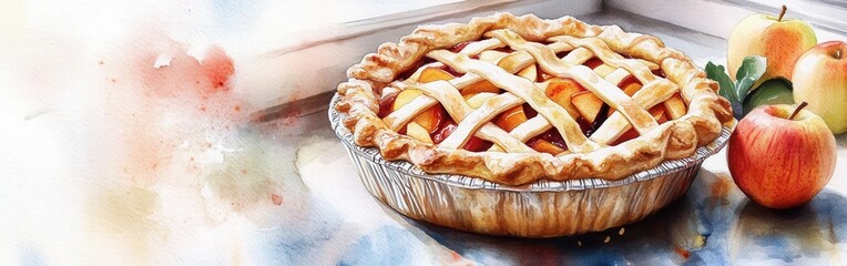 Aufkleber - Close-up of a freshly baked apple pie resting on a table with watercolor background and complementary fruits