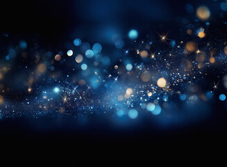 Poster - Abstract image with a grainy texture.  A dark blue background features shimmering gold and blue lights, creating a sense of depth and movement.  The bokeh effect adds a dreamy, ethereal quality.
