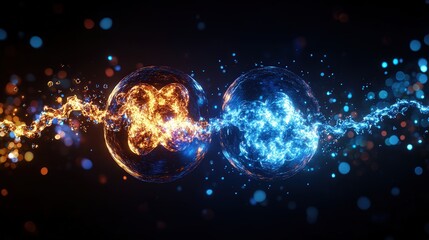 Poster - Particles creating a chain reaction, glowing with intense energy as they split and merge in rapid succession.