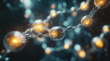 Poster - Particles creating a chain reaction, glowing with intense energy as they split and merge in rapid succession.