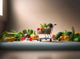 Poster - A miniature shopping cart overflows with vibrant, colorful vegetables.  The grainy texture of the image adds a rustic feel to this autumnal harvest scene.