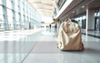 © Ananto - A white backpack sits alone in a sunlit, spacious airport terminal, hinting at impending adventures and quiet anticipation.