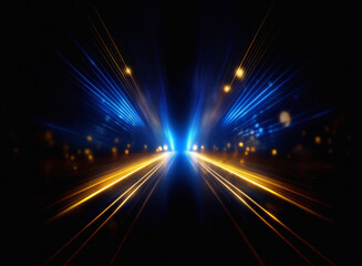 Leinwandbilder - Grainy texture of speeding lights at night, streaks of blue and gold illuminate a dark, urban roadway.  The perspective is from within the vehicle, creating a sense of dynamic movement.