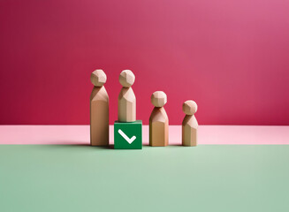 Aufkleber - Grainy texture image of five wooden figurines of varying heights standing in a row, a green check mark cube in front of the tallest.  Symbolic representation of growth, achievement, or selection.