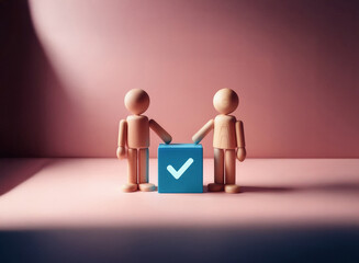 Leinwandbilder - Two wooden figures stand beside a grainy-textured blue cube with a checkmark, symbolizing agreement or completion.  The scene is lit dramatically against a muted pink backdrop.