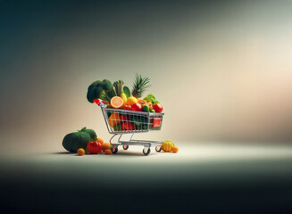 Poster - A miniature shopping cart overflowing with vibrant fruits and vegetables sits on a grainy, textured surface.  The image evokes a feeling of healthy eating and abundance.