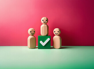 Aufkleber - Grainy textured image of three happy wooden figurines.  The central figure stands atop a green cube with a checkmark, signifying achievement and success.  The color palette is predominantly pink and g
