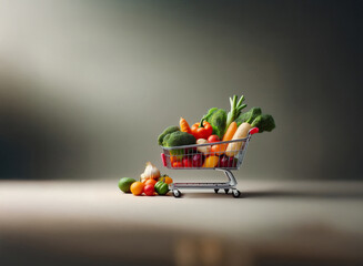 Poster - A miniature shopping cart overflows with vibrant vegetables.  The grainy texture of the image adds a rustic feel.  A few vegetables spill onto the surface nearby.