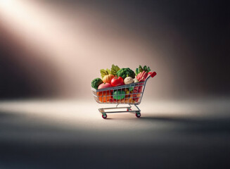 Poster - A miniature shopping cart overflowing with a colorful variety of fresh vegetables is dramatically lit, showcasing a grainy texture.