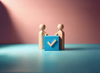 Leinwandbilder - Two wooden figures collaborate, presenting a grainy-textured blue cube with a checkmark.  The scene is minimalist and subtly lit.