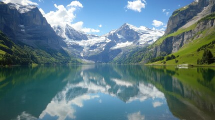 Poster - Serene lake reflecting majestic mountains under a clear blue sky in a tranquil natural setting