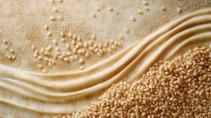 Poster - Solid particles resembling grains of rice, arranged in flowing patterns over a textured background.