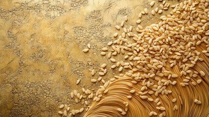 Poster - Solid particles resembling grains of rice, arranged in flowing patterns over a textured background.
