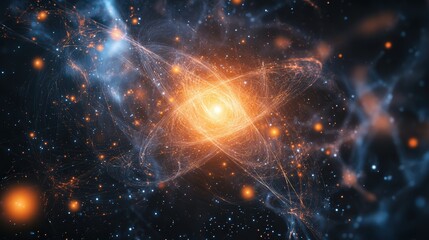 Poster - Subatomic particles illuminated with soft light, moving randomly in a vast, dark space.