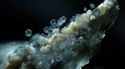 Poster - Tiny particles interacting to form a crystalline structure, glowing softly against a dark background