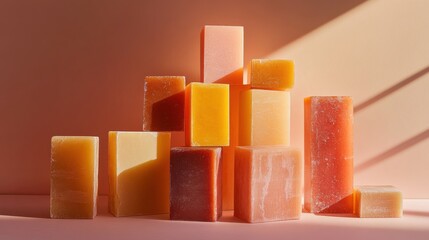 Aufkleber - Elegant arrangement of pastel amber and coral blocks creates a soothing visual display in warm light