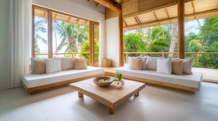 Poster - Interior decor featuring bamboo paneling and earthy tones for a tropical vibe