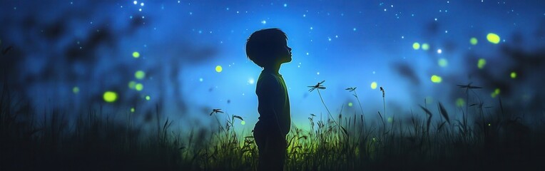 Poster - Child stands in glowing grass under a starry night sky, mesmerized by the wonders of the universe
