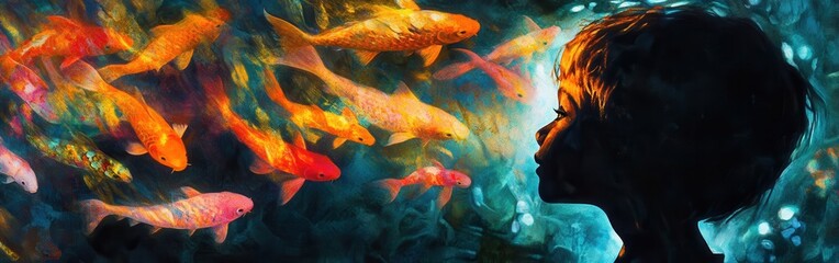 Leinwandbilder - Child's glowing silhouette surrounded by colorful koi fish in a serene aquatic environment