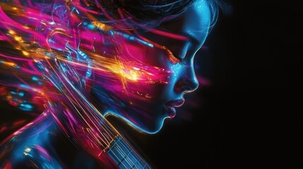 Poster - Vibrant portrayal of a woman's profile illuminated with colorful light patterns in a dark setting