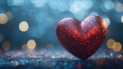 Glittering red heart on shimmering bokeh background for romantic designs