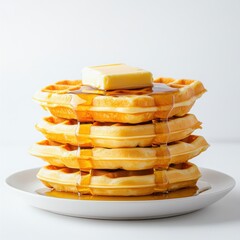 Poster - Fluffy golden waffles stacked high with melting butter and syrup ready to enjoy in a cozy breakfast setting