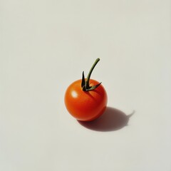 Poster - Ripe cherry tomato with green stem placed on a neutral surface highlighting its vibrant color and natural shine