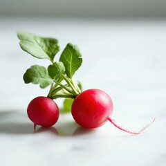 Poster - Fresh red radish with smooth skin and vibrant leaves on a light background