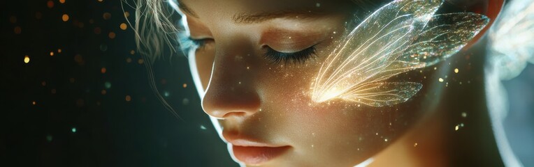 Poster - Serene portrait of a woman with glowing features in a calming, ethereal atmosphere