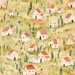 Poster - Serene watercolor doodle of cozy houses amid lush greenery and blooming flowers in a peaceful countryside setting