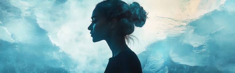 Poster - Serene portrait of a glowing woman against a tranquil ethereal background at dusk in natural light