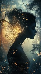 Poster - Mesmerizing portrait of a woman with a glowing butterfly in a tranquil forest at dusk