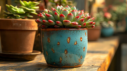 Wall Mural - red-tipped succulent in turquoise pot, garden setting, sunlight, wooden shelf, home decor