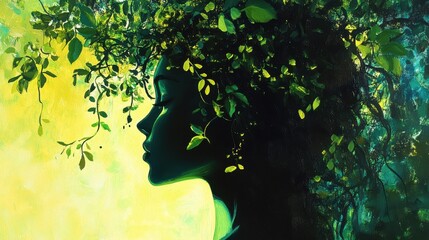 Poster - Serene portrait of a woman with a lush crown of leaves in a tranquil natural setting