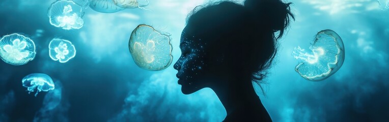 Aufkleber - Portrait of a woman illuminated by the soft glow of jellyfish in a tranquil underwater environment